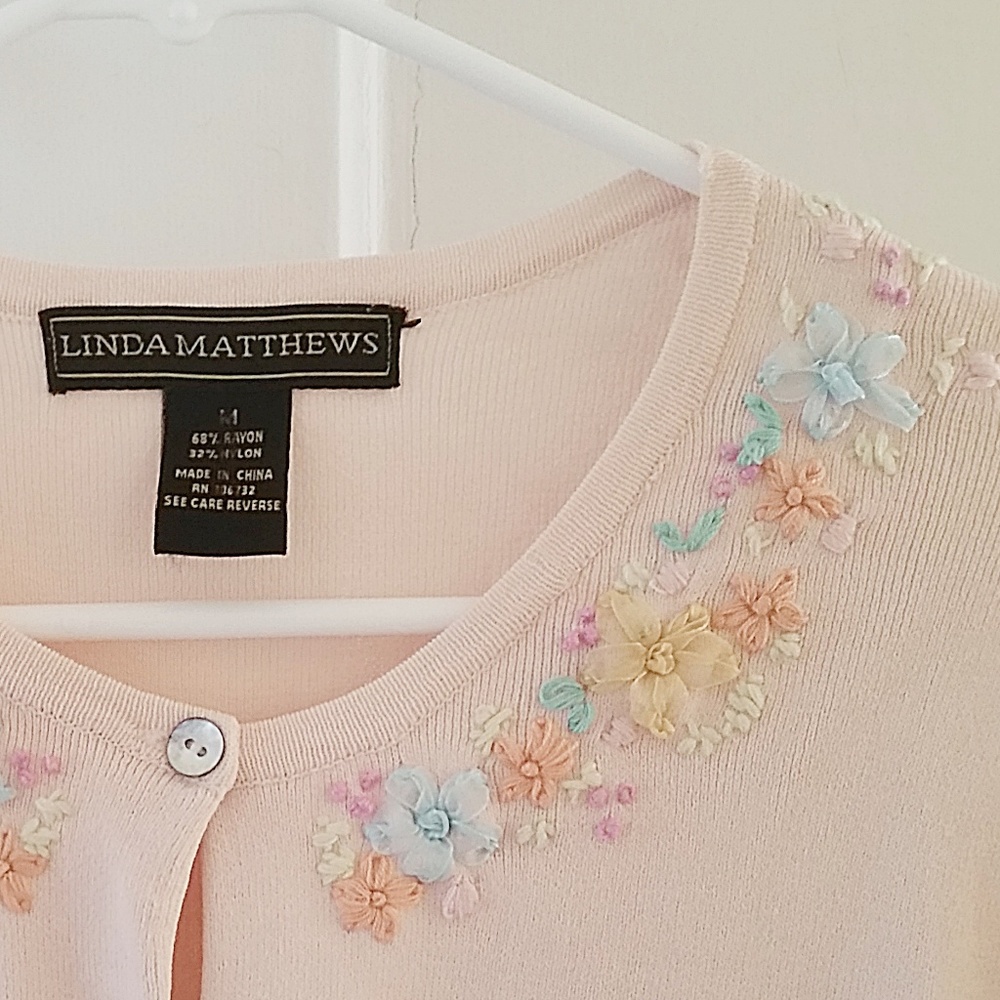 Peach cardigan with ribbon hand embroidery